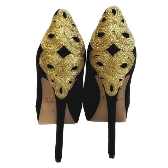 NWOT BRIAN ATWOOD DESIGNER B-RAJA BLACK GOLD EMBROIDERED SUEDE PEEP TOE HEELS - Picture 3 of 10